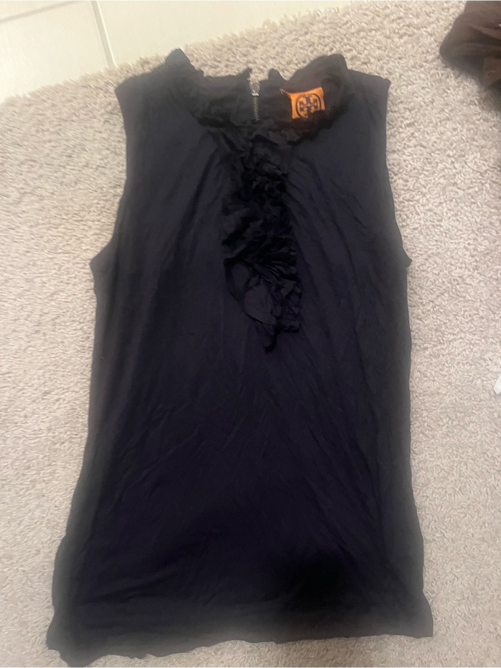 Tory Burch Black Sleeveless Ruffle-Front Tank